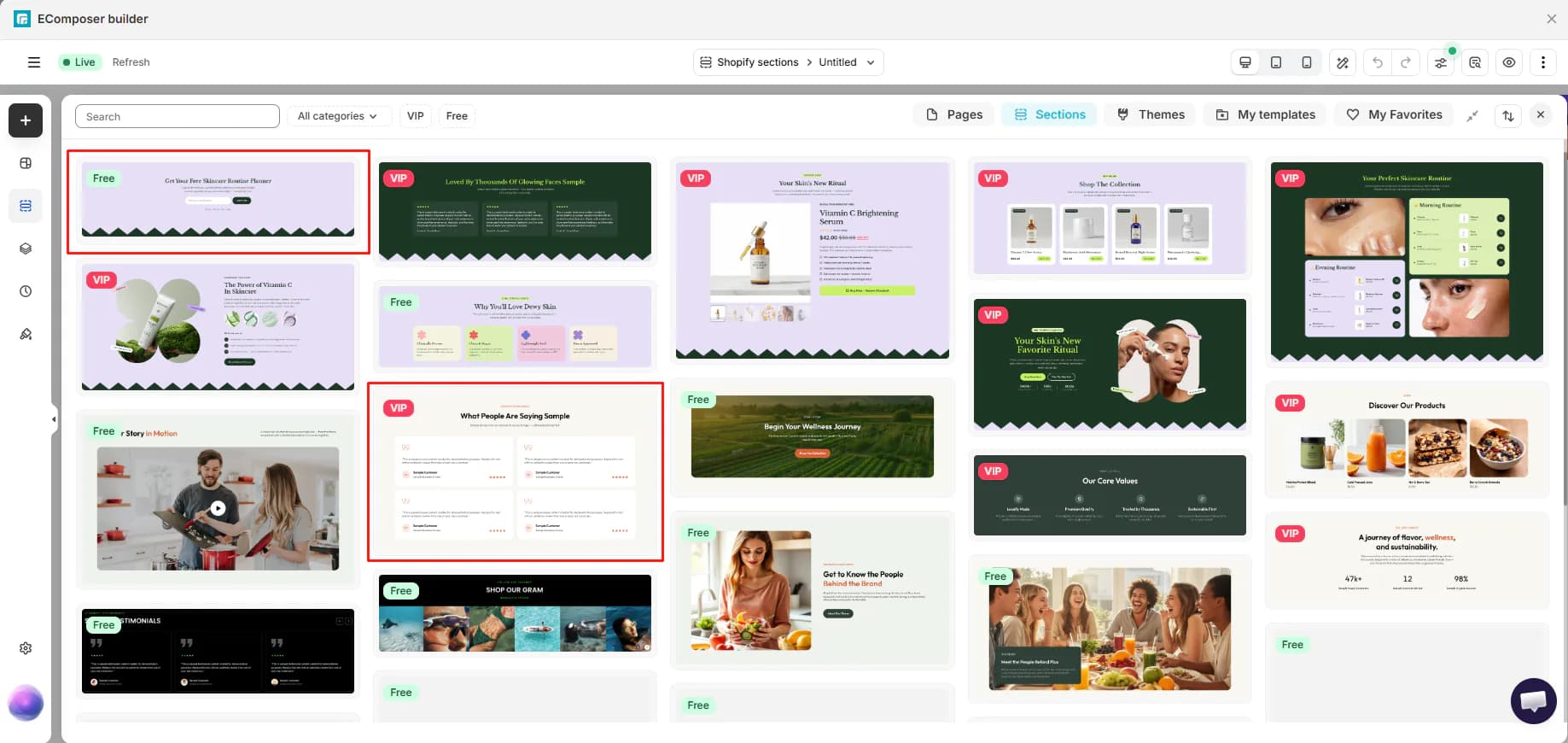 EComposer template library showing a mix of Free and VIP section designs