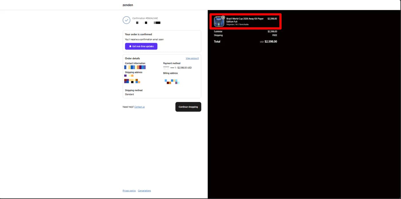 Shopify order confirmation for two Brazil jerseys totalling 2,598 dollars with free shipping, used as the earning order in the Essent Loyalty test