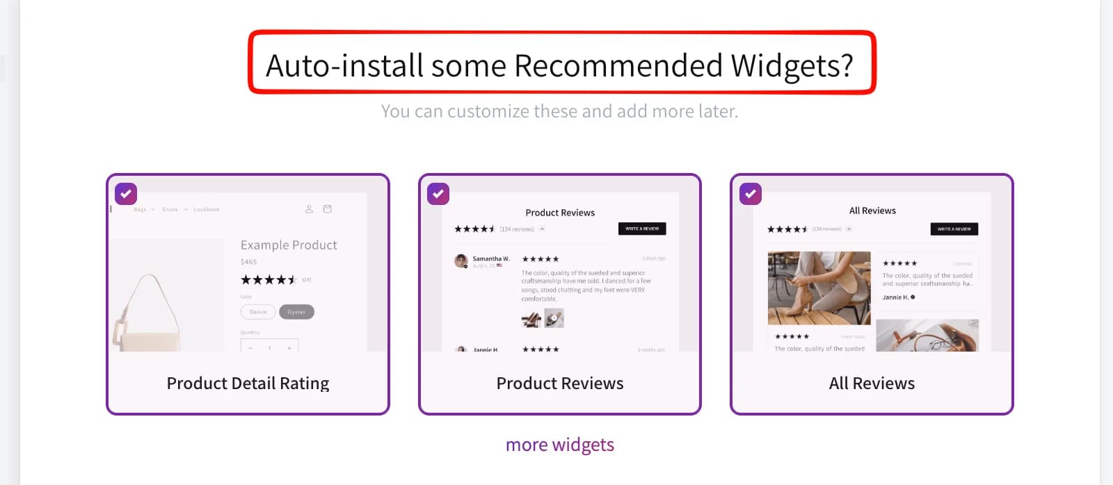 Fera onboarding step offering to auto-install three recommended widgets, Product Detail Rating, Product Reviews and All Reviews, all ticked, with a link to more widgets