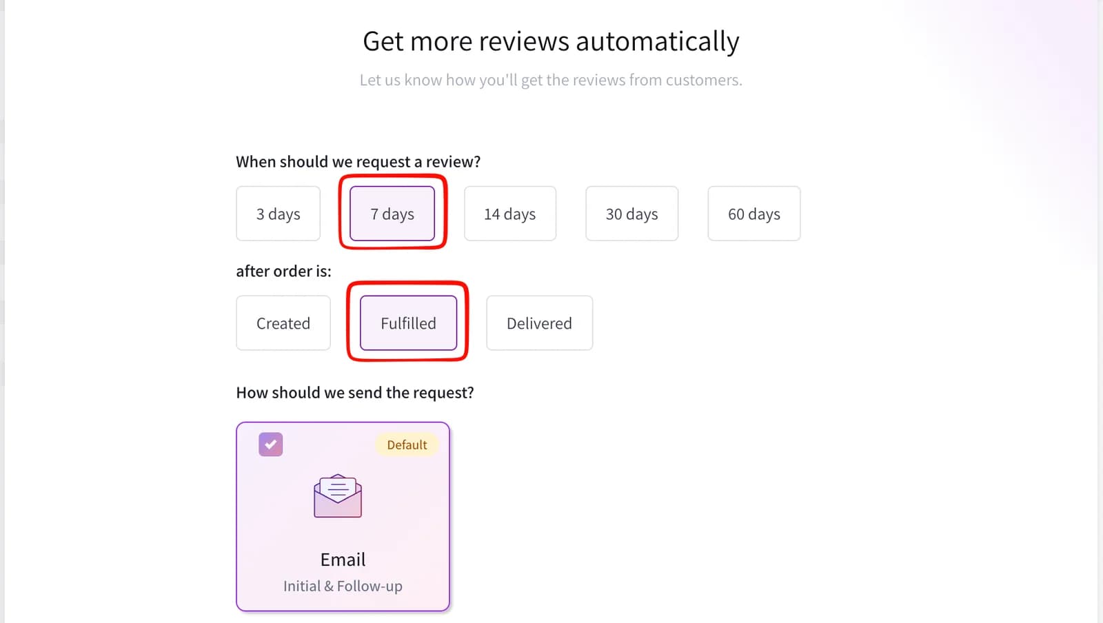 Fera's request step with 7 days after order Fulfilled selected, trigger choices of Created, Fulfilled and Delivered, and a single sending option, Email for initial and follow-up messages, marked Default