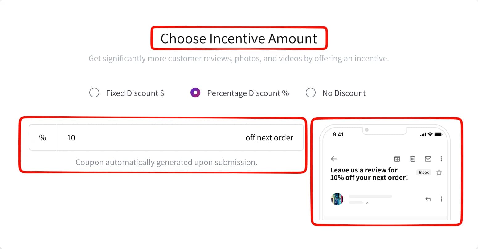 Fera's Choose Incentive Amount step with Percentage Discount selected at 10 percent off the next order, a note that the coupon is generated automatically on submission, and a phone preview of the email subject offering 10 percent off for a review
