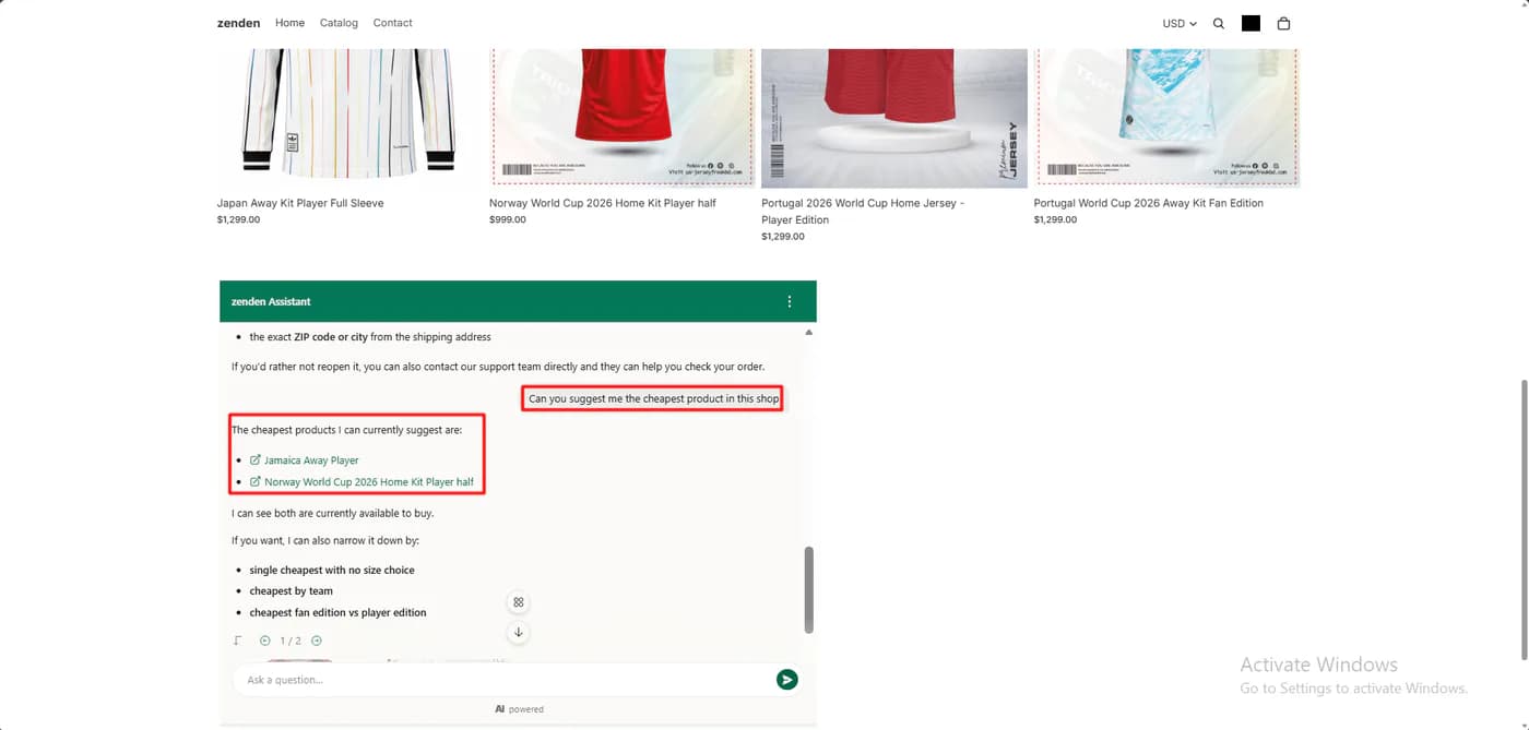 zenden storefront with the embedded zenden Assistant chat answering a request for the cheapest product with links to the Jamaica Away Player and Norway World Cup 2026 Home Kit Player half, and offering to narrow it down