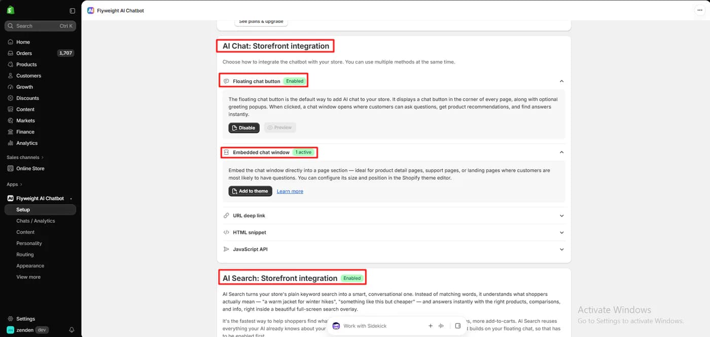 Flyweight Setup page showing AI Chat storefront integration with the floating chat button enabled, an embedded chat window with one active, URL deep link, HTML snippet and JavaScript API options, and AI Search storefront integration enabled