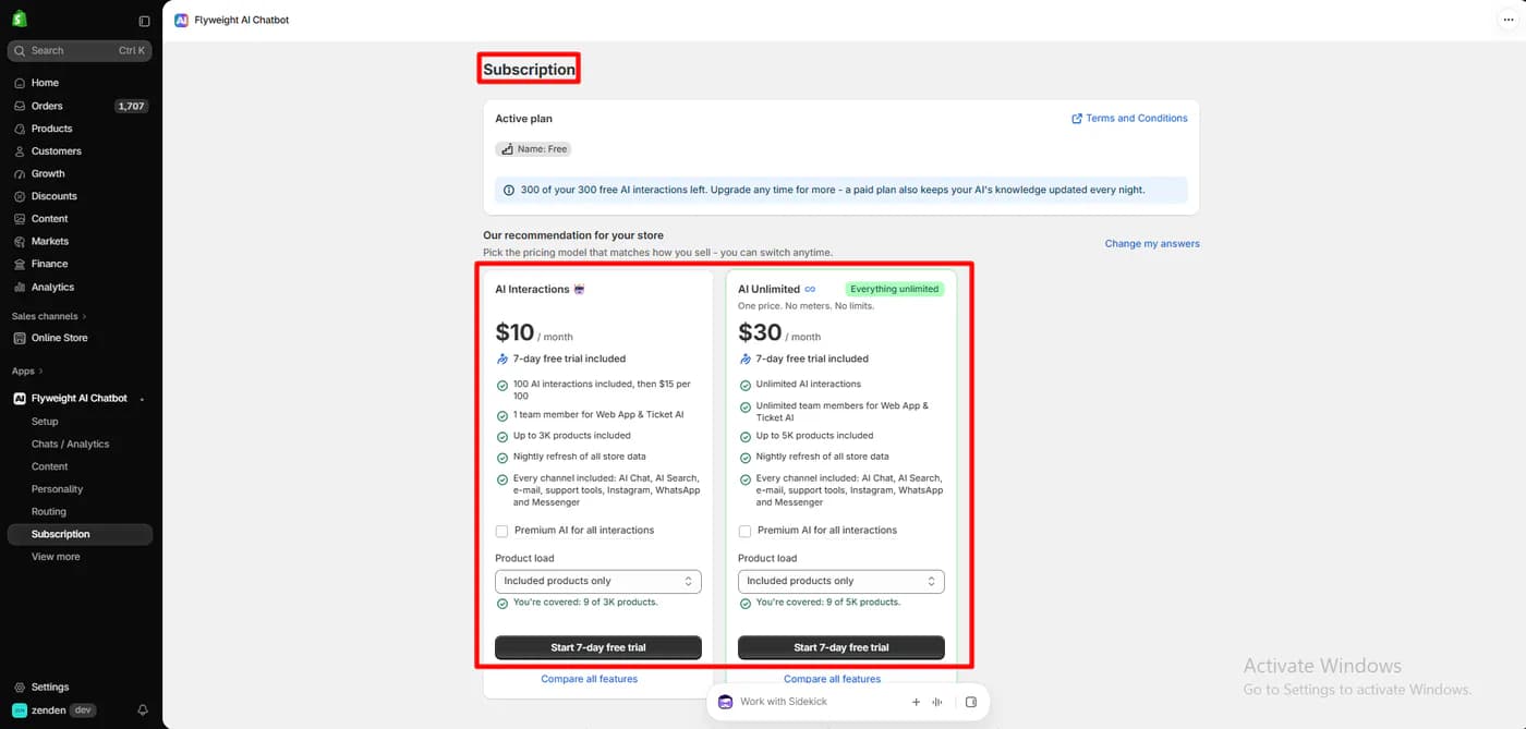 Flyweight in-app Subscription page with the active Free plan and 300 free AI interactions, and two recommended plans: AI Interactions at 10 dollars a month and AI Unlimited at 30 dollars a month, each with a 7-day free trial