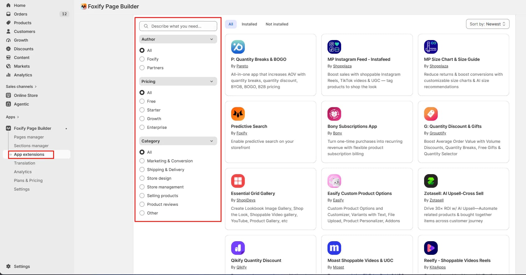 Foxify App extensions screen with Author, Pricing, and Category filters beside extension cards from Foxify and third-party developers