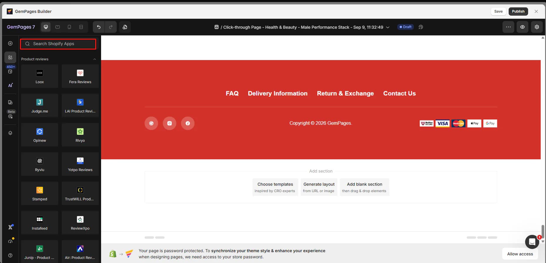 GemPages editor showing a searchable Shopify app integration panel with product-review apps