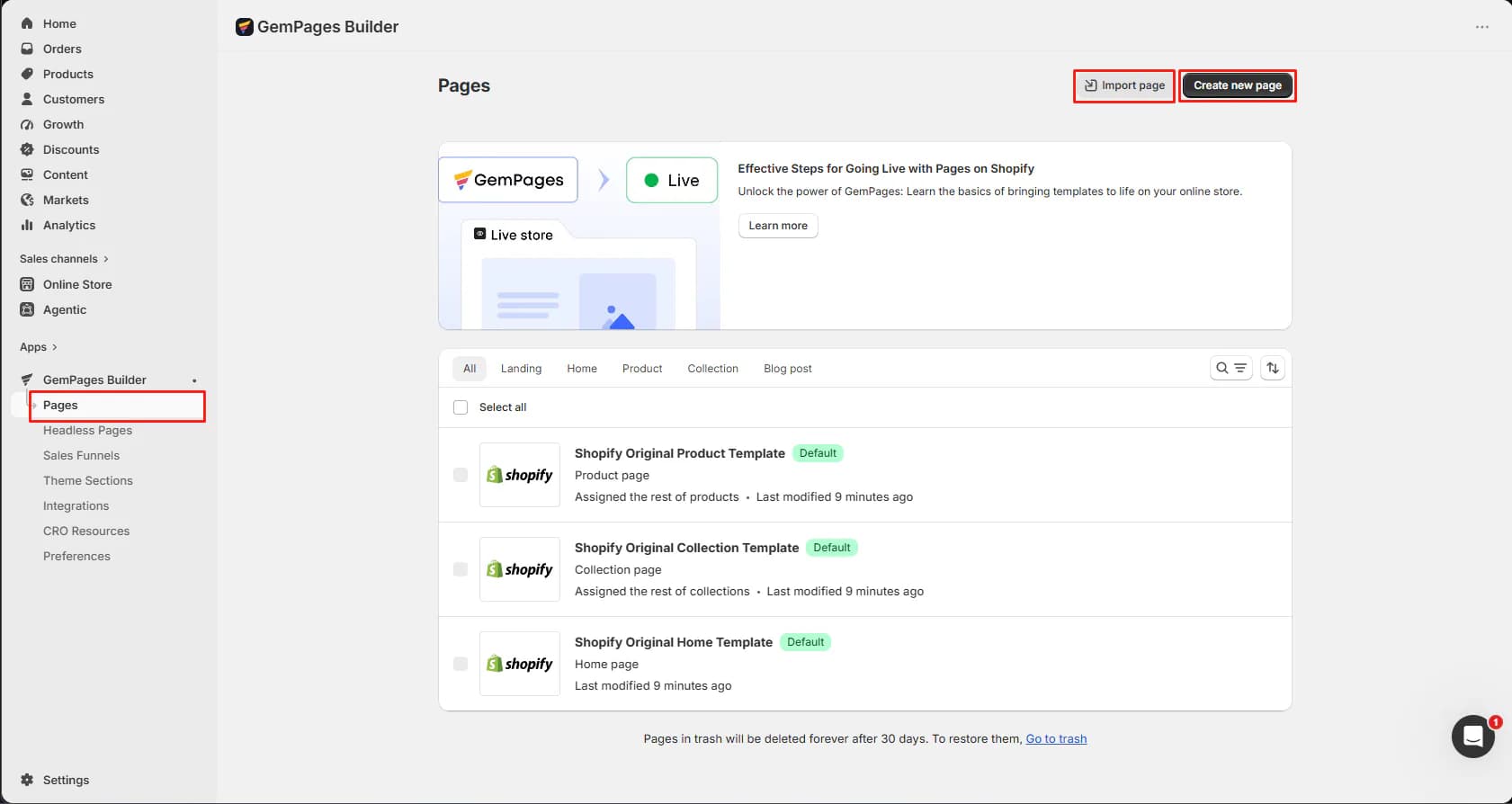 GemPages Pages dashboard showing page categories, existing Shopify templates, import, and create-new-page controls