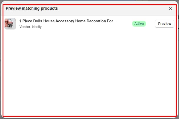 Globo Product Options preview matching products window listing one assigned product marked Active, with a Preview button