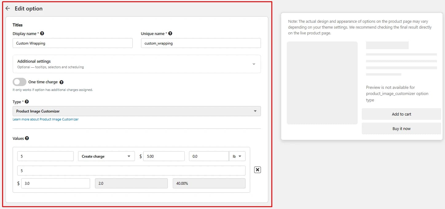 Hulk Product Options edit option screen for a Custom Wrapping option using the Product Image Customizer type, with a $5.00 charge, weight field, and a one-time charge toggle
