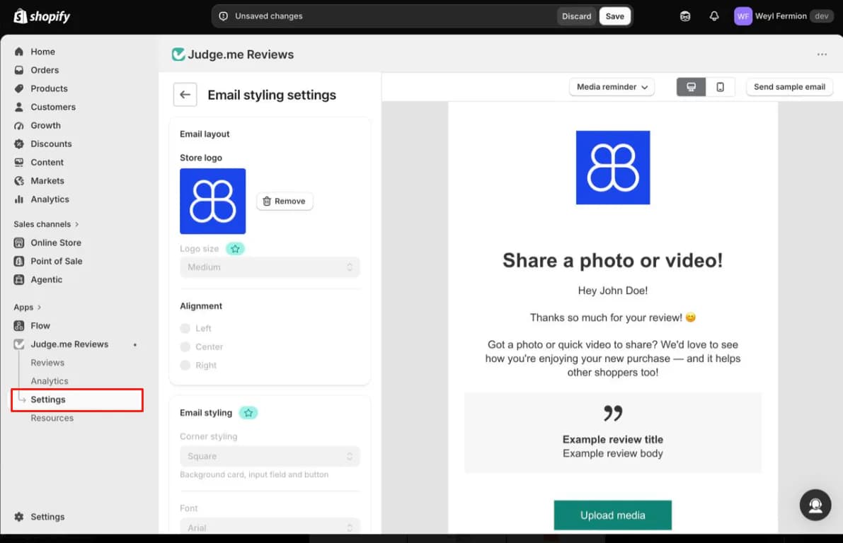 Judge.me email styling settings showing an uploaded store logo while logo size, alignment, corner styling, and font controls are locked