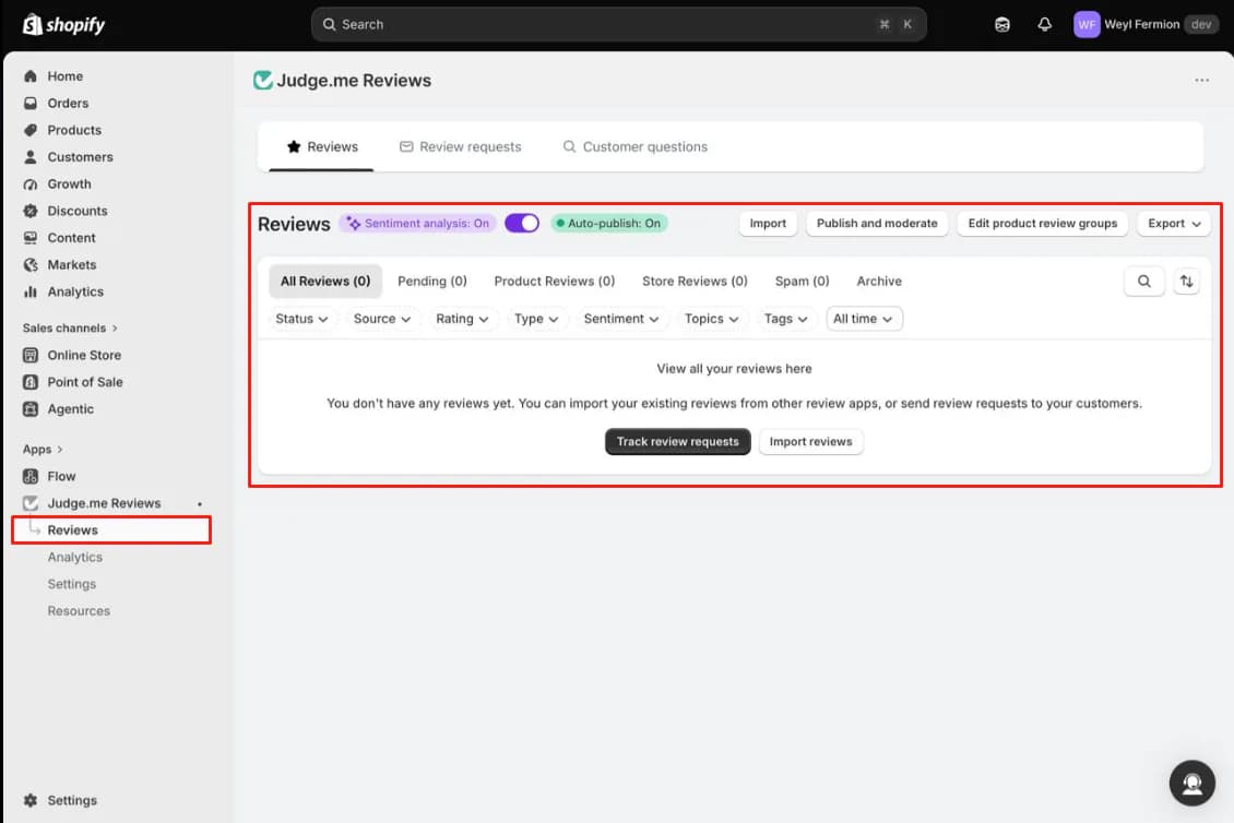 Judge.me review management screen showing review-status tabs, filters, sentiment analysis, auto-publish, importing, and request tracking