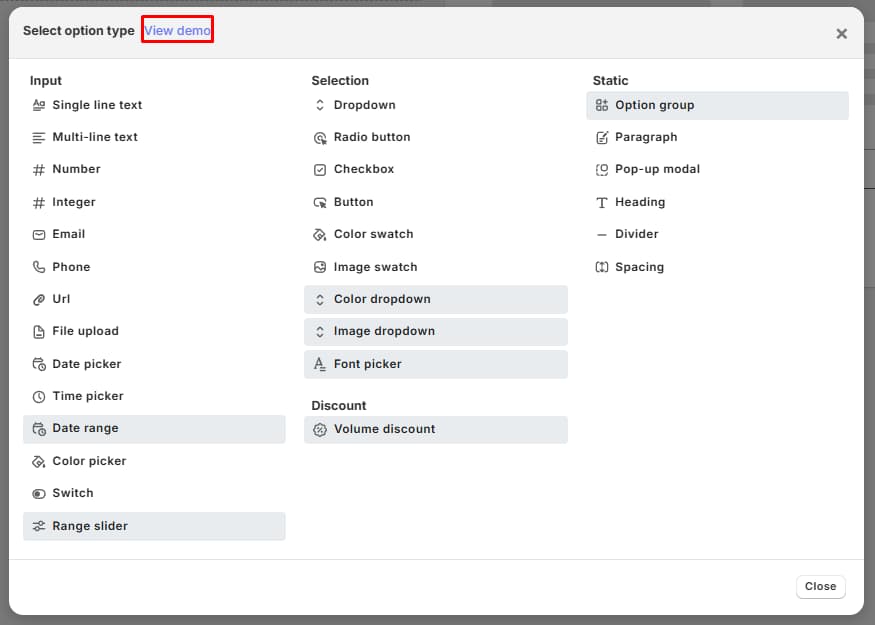 King Product Options Select option type window listing Input, Selection, Static, and Discount option types