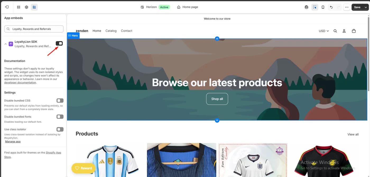 Shopify theme editor showing the LoyaltyLion SDK app embed with a documentation note that the settings do not apply to the loyalty widget, and toggles for disable bundled CSS, disable bundled fonts, and use class isolator