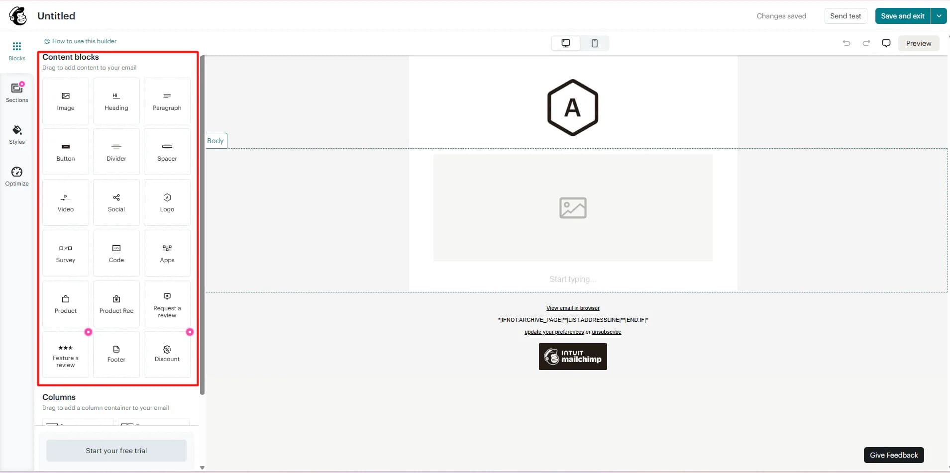 Mailchimp's drag-and-drop email builder with content blocks for images, buttons, products, product recommendations, reviews, and discounts