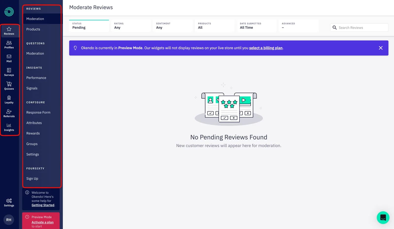 Okendo admin Moderate Reviews screen showing an empty pending queue, a purple Preview Mode banner stating widgets will not display reviews on the live store until a billing plan is selected, and a left navigation with Reviews, Profiles, Mail, Surveys, Quizzes, Loyalty, Referrals and Insights