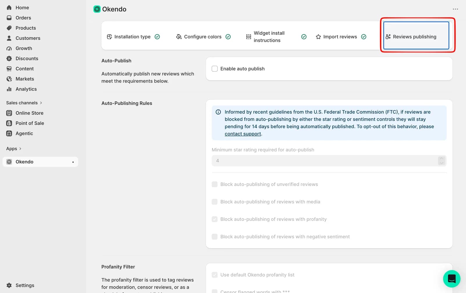 Okendo onboarding Reviews publishing step showing Enable auto publish unchecked, an FTC notice that reviews blocked by star rating or sentiment controls stay pending for 14 days before publishing automatically, a minimum star rating of 4, and blocking options for unverified, media, profanity and negative-sentiment reviews