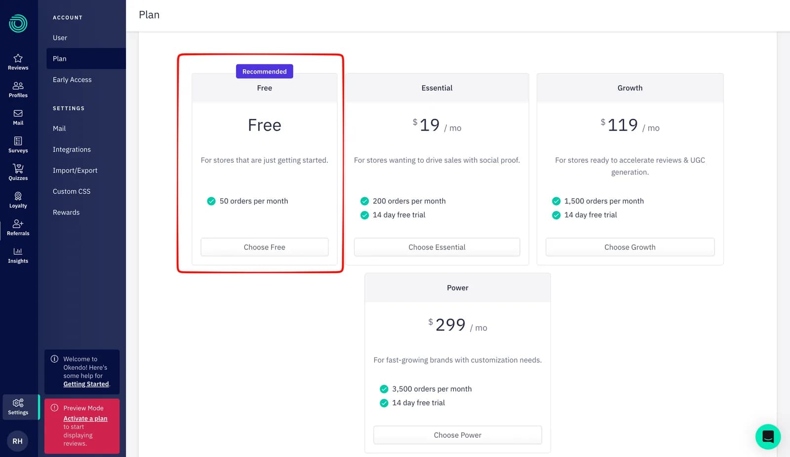 Okendo Settings Plan page in Preview Mode showing four plans: Free marked Recommended with 50 orders per month, Essential at $19 a month with 200 orders and a 14-day trial, Growth at $119 a month with 1,500 orders, and Power at $299 a month with 3,500 orders, with a sidebar card reading Activate a plan to start displaying reviews
