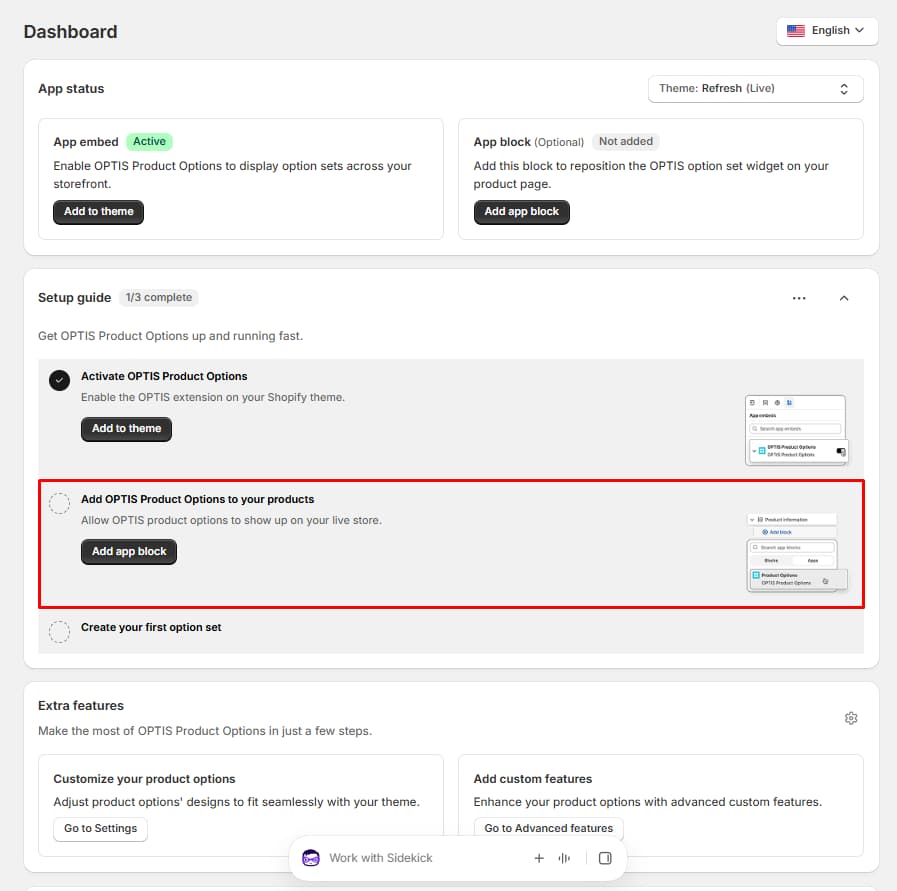 OPTIS Product Options dashboard with app embed active, app block not added, a three-step setup guide at 1 of 3 complete, and Extra features cards