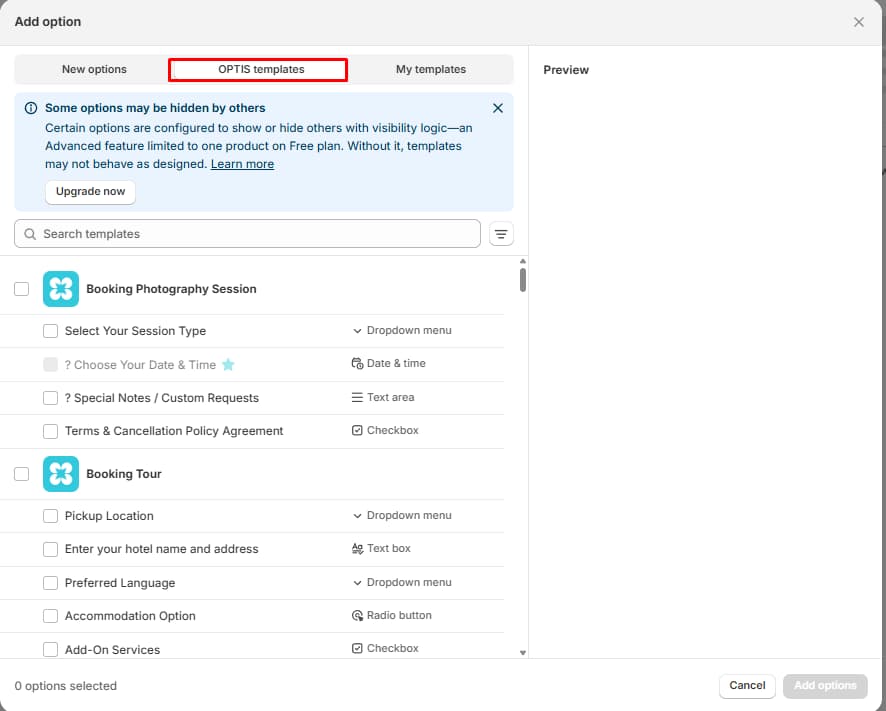 OPTIS templates tab with Booking Photography Session and Booking Tour templates, and a notice that visibility logic is limited to one product on the Free plan