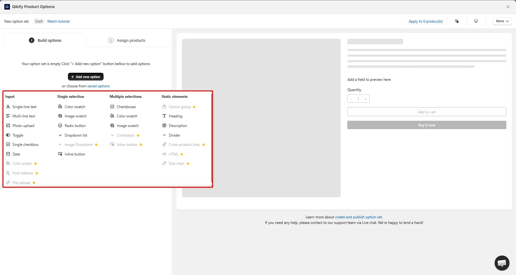 Qikify Product Options editor showing the option type picker with Input, Single selection, Multiple selections, and Static elements columns, with some types greyed out and marked with a star