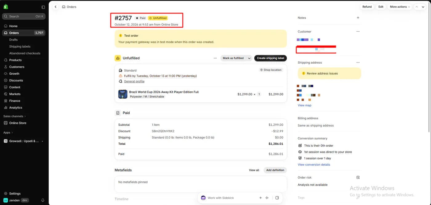 Shopify admin order 2757 showing paid and unfulfilled status, placed October 12, 2026, with a total of 1,286.01 dollars