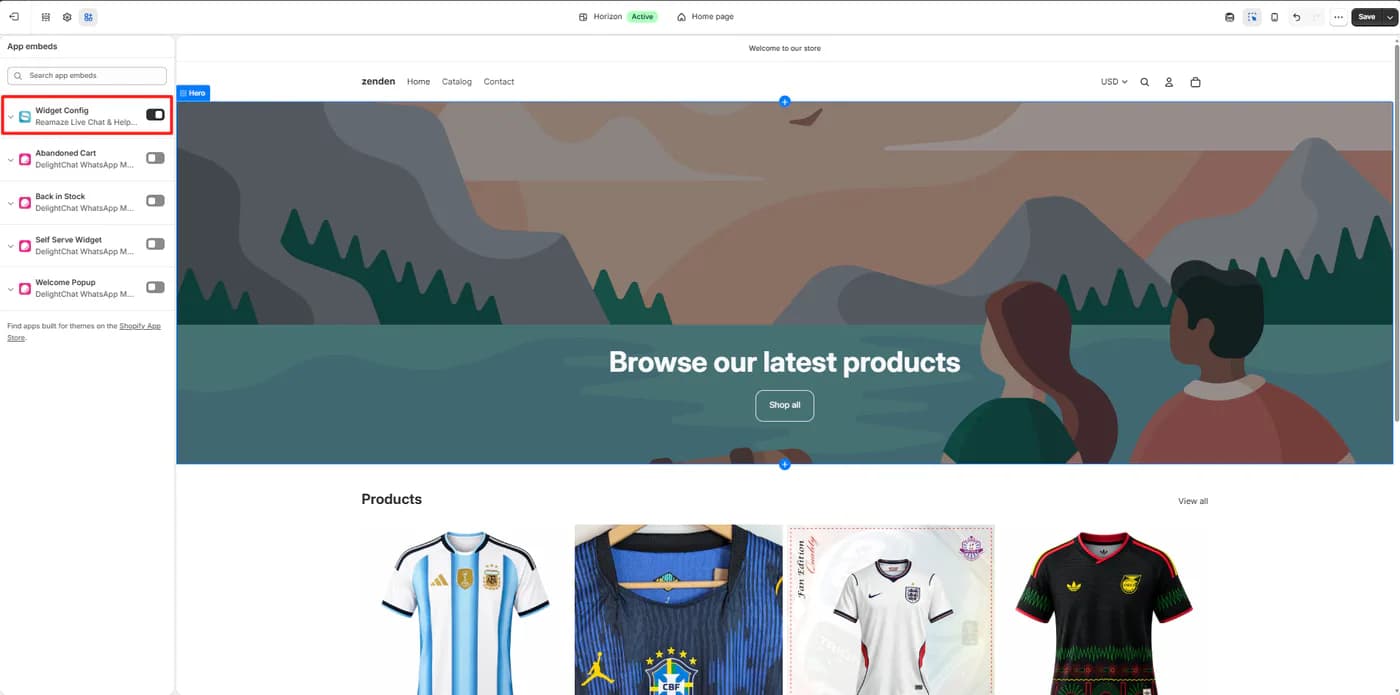 Shopify theme editor showing the Reamaze widget config app embed switched on, with other app embeds switched off