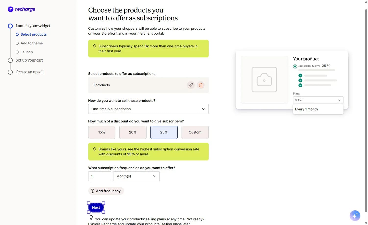Recharge onboarding screen with three products selected, a 25% subscriber discount, a monthly frequency, and a widget preview on the right