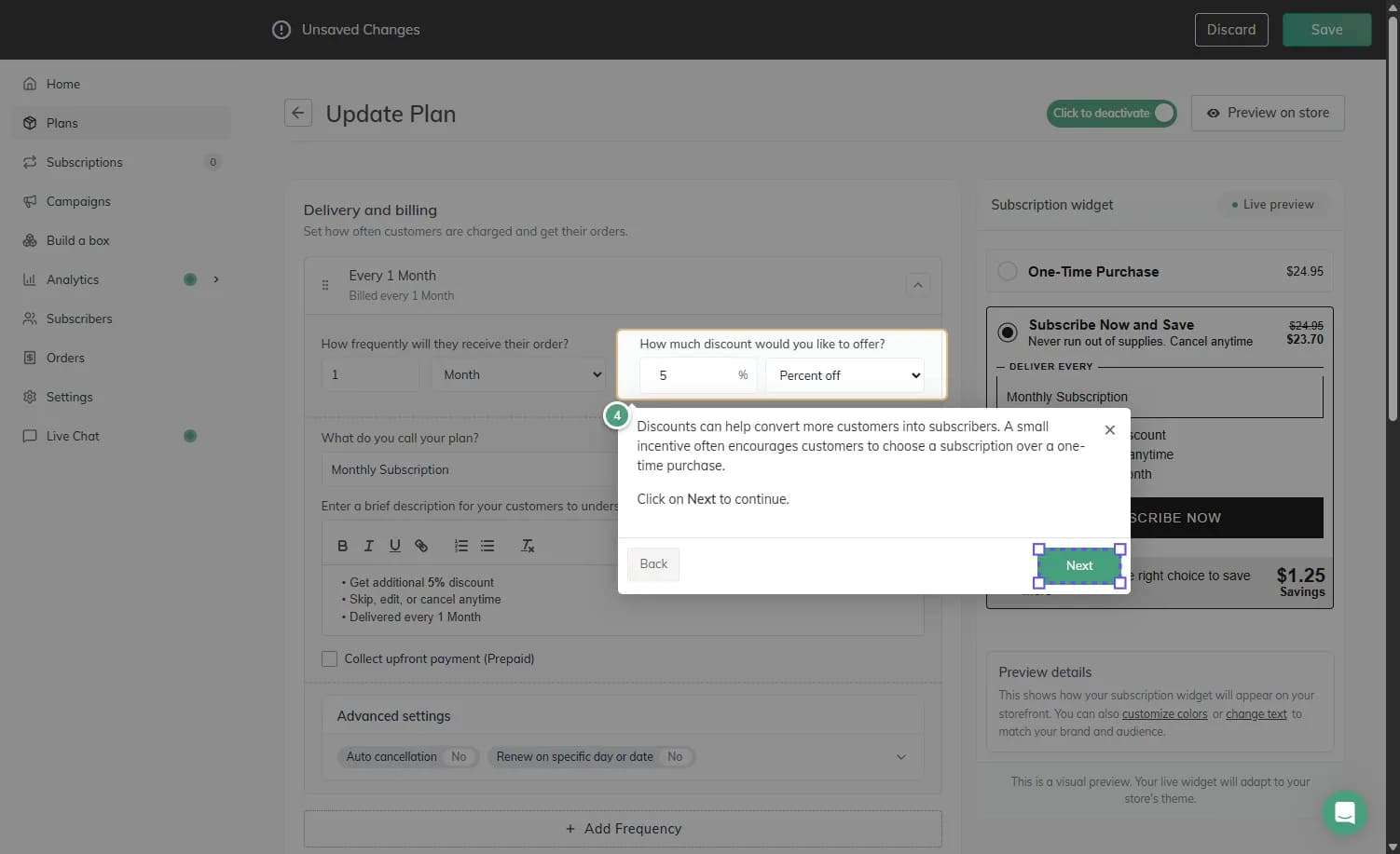 Recurpay's Update Plan screen with a monthly frequency, a 5% percent-off discount, plan name and description fields, a prepaid checkbox, and a live widget preview showing $24.95 reduced to $23.70