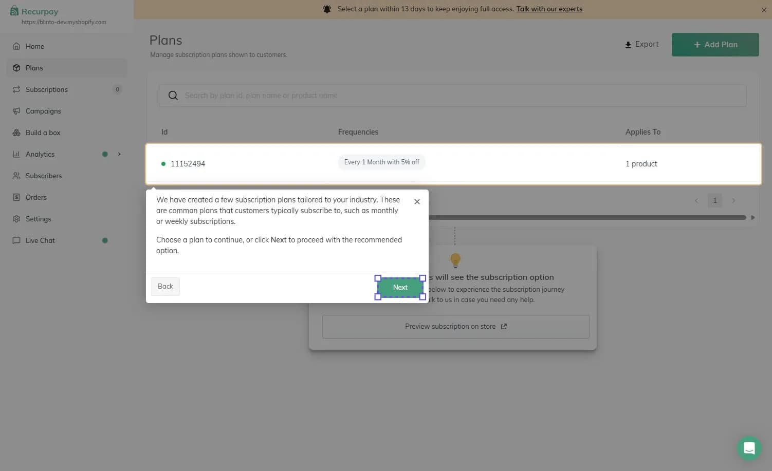 Recurpay's Plans page in the Shopify admin with a pre-created plan billed every 1 month at 5% off, a guided tour tooltip, and the Recurpay menu on the left