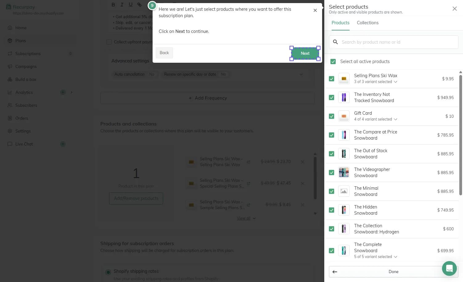 Recurpay's Select products panel with Select all active products checked, showing snowboards and a gift card all selected