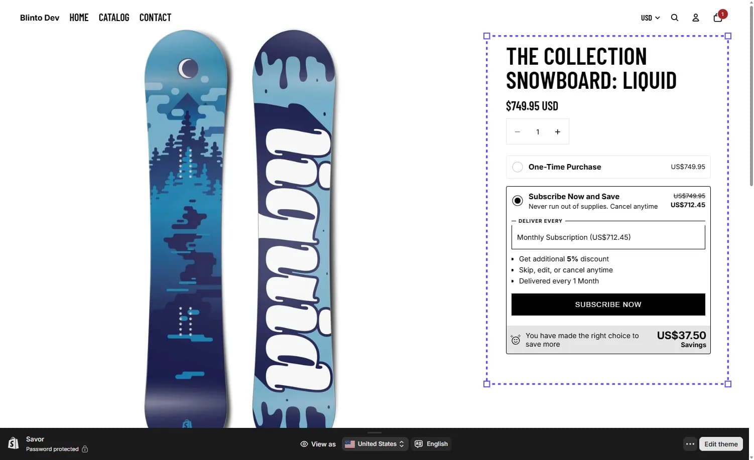 A product page on the Blinto Dev storefront with Recurpay's widget showing One-Time Purchase at US$749.95 and Subscribe Now and Save selected at US$712.45, with a US$37.50 savings banner