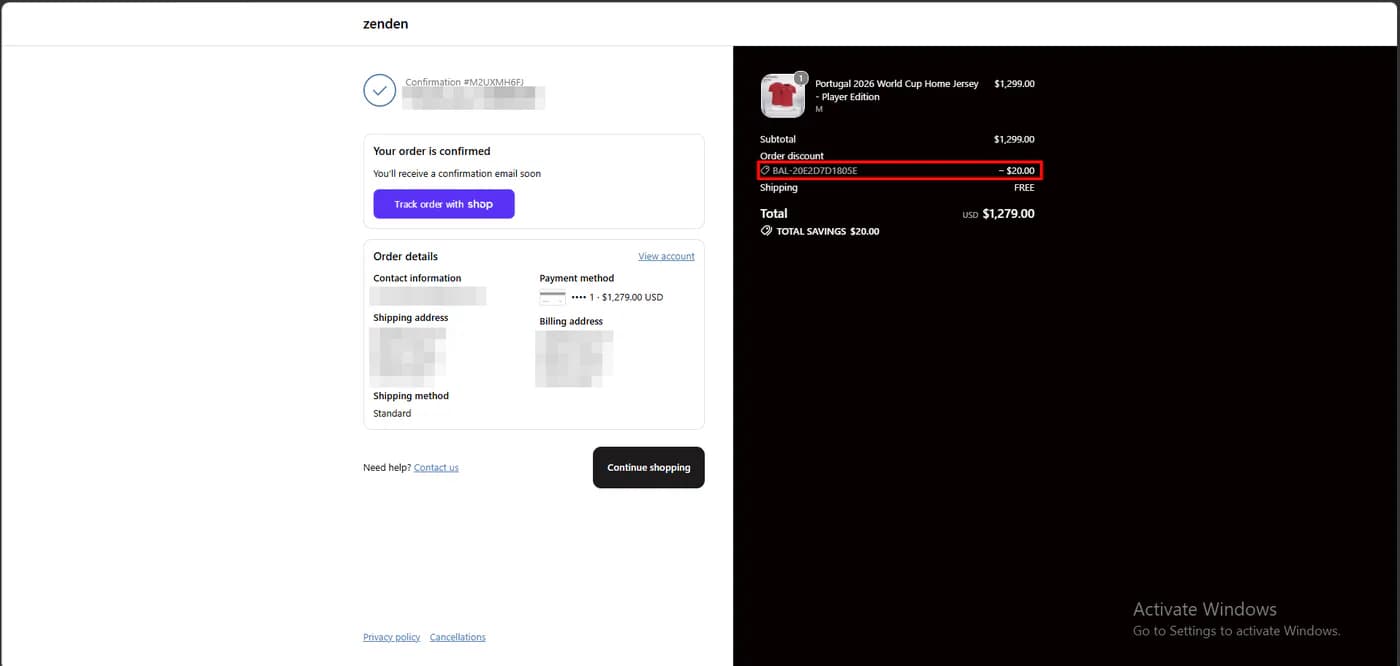 Shopify order confirmation showing a Rivo coupon applied as a 20 dollar order discount, a total of 1,279 dollars, and total savings of 20 dollars