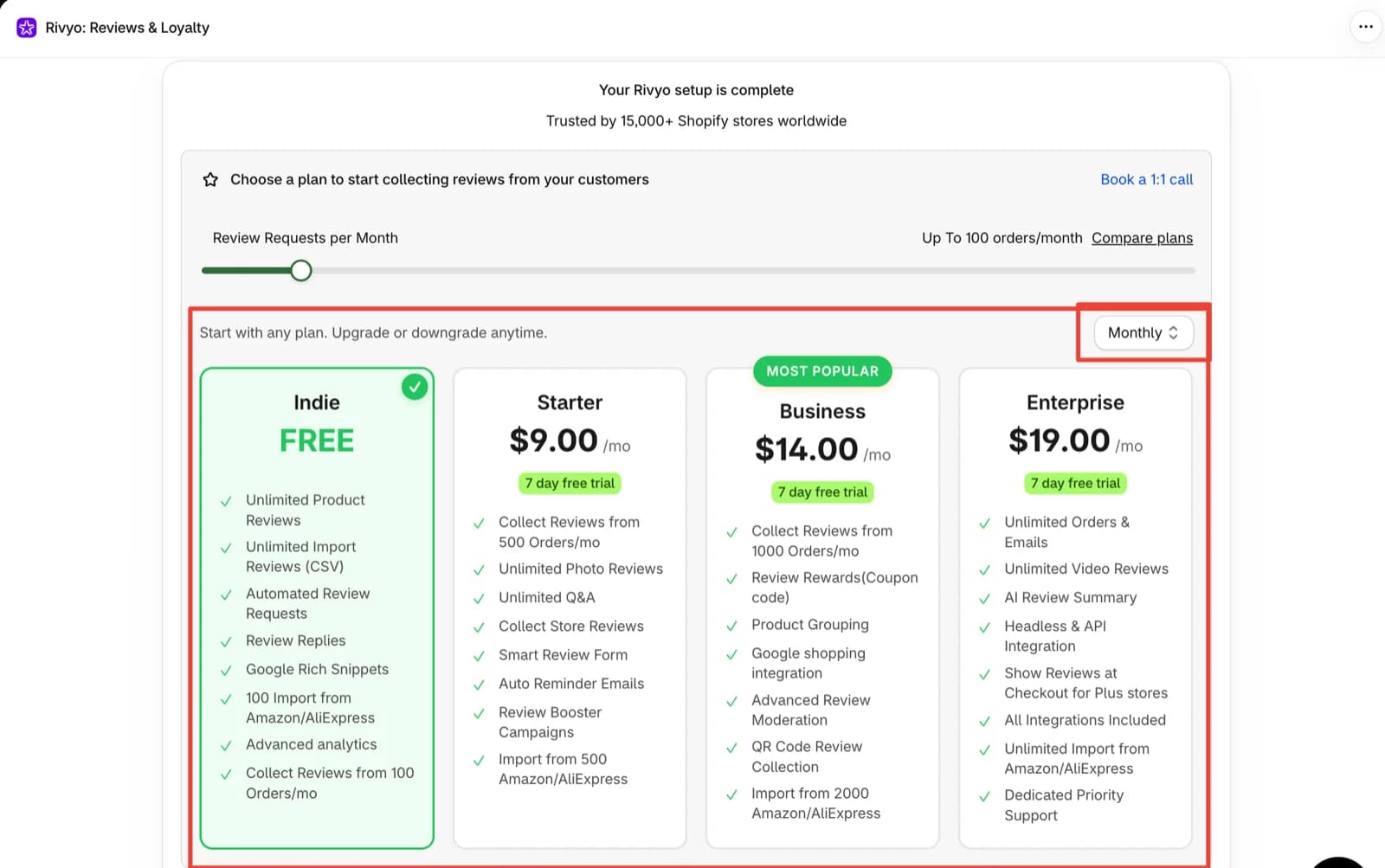 Rivyo plan screen after setup with a Review Requests per Month slider at up to 100 orders a month, a Monthly billing selector, and four plans: Indie free with 100 orders a month, Starter at 9 dollars, Business at 14 dollars marked Most Popular, and Enterprise at 19 dollars, each paid plan with a 7-day free trial