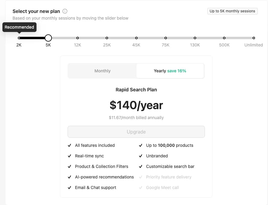RS: AI Search Bar & Filter Subscription page with a session slider from 2K to Unlimited set to 5K monthly sessions, Yearly billing selected, the Rapid Search Plan at $140 per year or $11.67 per month billed annually, and a feature list where Priority feature delivery and Google Meet call are greyed out