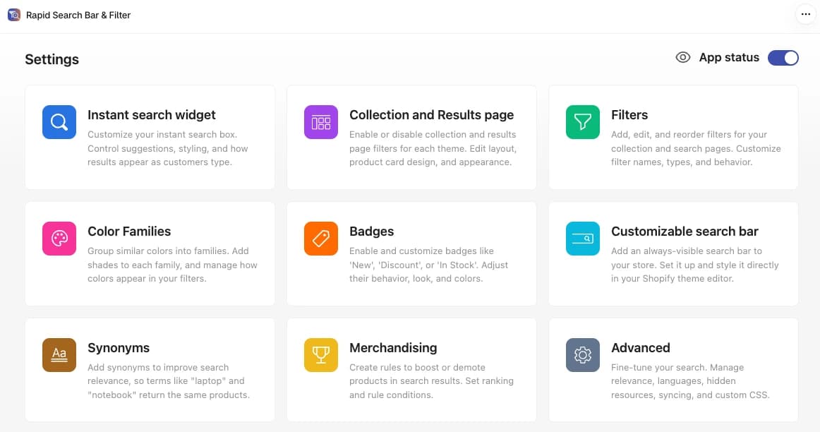 RS: AI Search Bar & Filter Settings page with an App status toggle and nine cards: Instant search widget, Collection and Results page, Filters, Color Families, Badges, Customizable search bar, Synonyms, Merchandising and Advanced