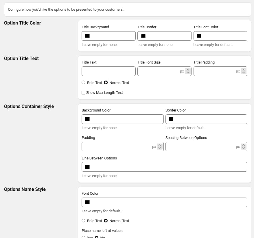 SC Product Options Display Settings with color, font size, padding, and bold or normal text controls for option titles, the options container, and option names