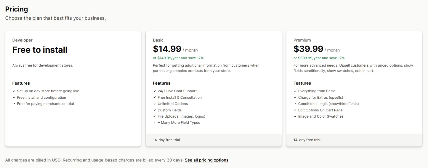 SC Product Options pricing with a free Developer plan for development stores, Basic at $14.99 a month, and Premium at $39.99 a month, each paid plan with a 14-day free trial