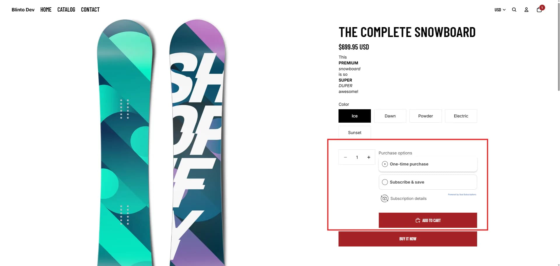 A product page on the Blinto Dev storefront with Seal's Purchase options showing One-time purchase and Subscribe & save, a Subscription details link, and a Powered by Seal Subscriptions link