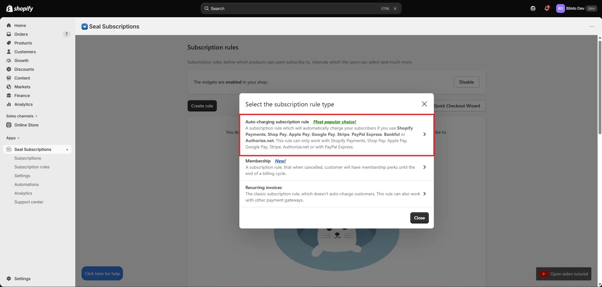 Seal Subscriptions rule type dialog offering an auto-charging subscription rule, a membership rule, and a recurring invoices rule