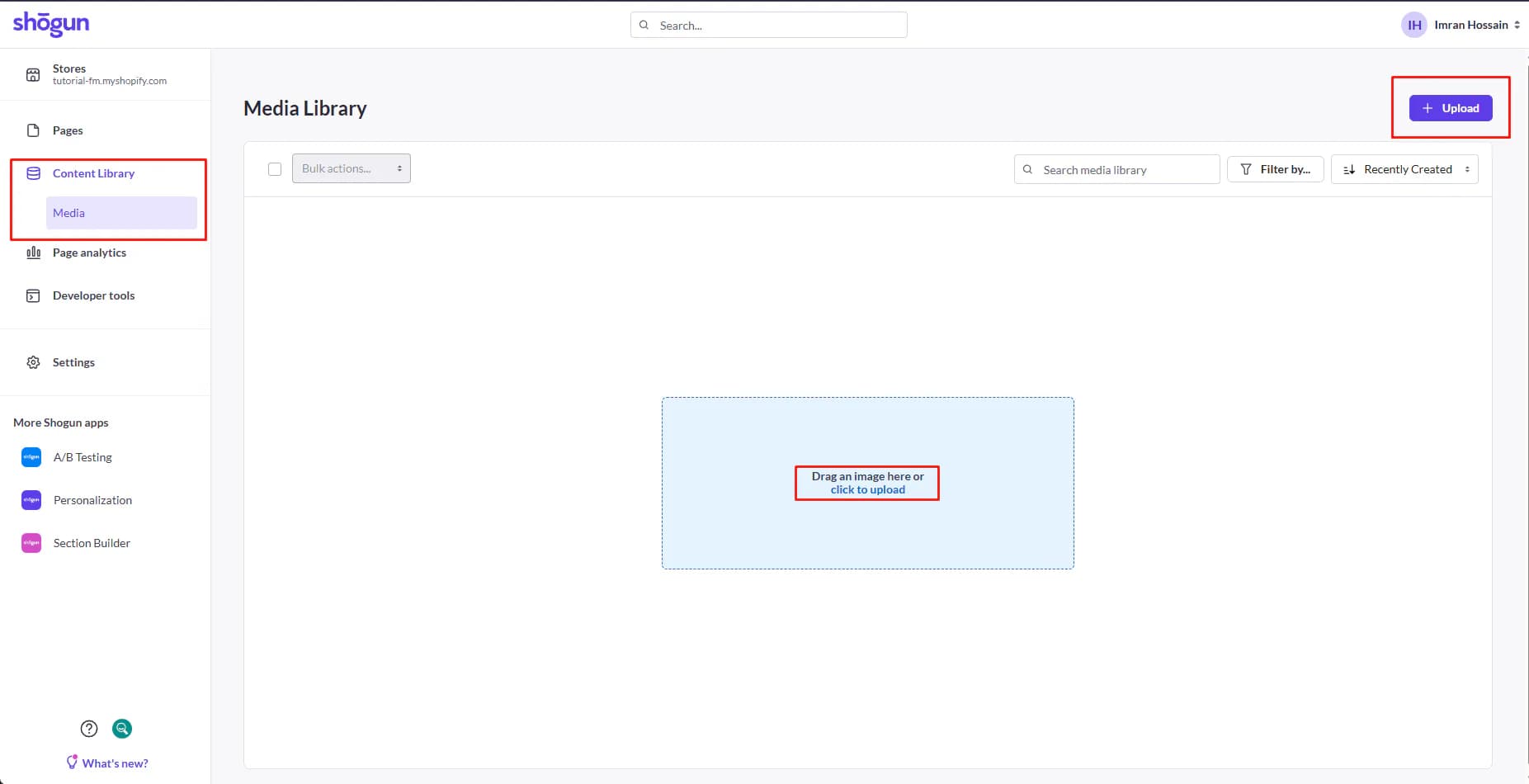 Shogun media library showing upload, search, filter, and sorting controls
