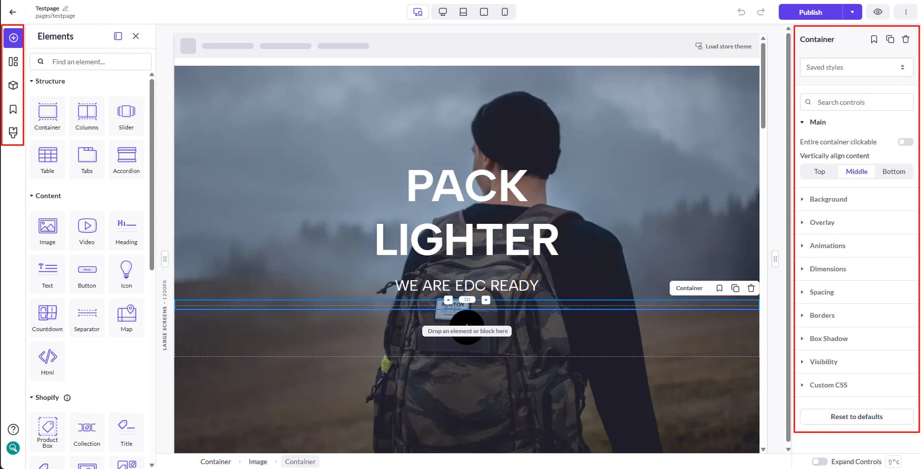 Shogun visual editor showing page elements, the canvas, responsive previews, and container controls