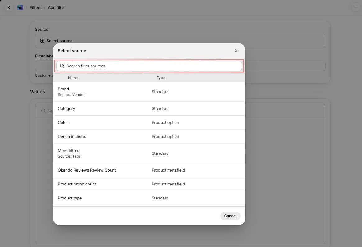 Shopify Search & Discovery Add filter page with the Select source window open, listing Brand from Vendor, Category, Color and Denominations as product options, More filters from Tags, Okendo Reviews Review Count and Product rating count as product metafields, and Product type