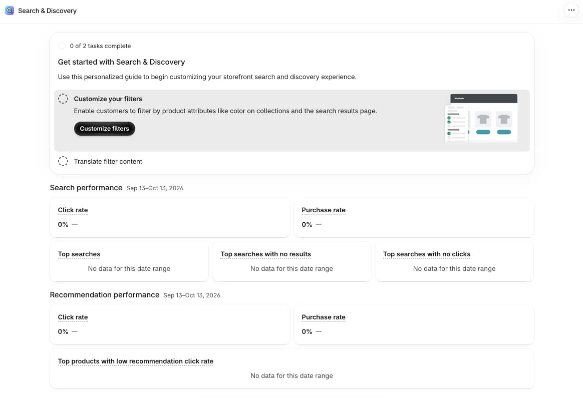 Shopify Search & Discovery home page with a two-step getting started guide to customize filters and translate filter content, plus Search performance and Recommendation performance cards for click rate, purchase rate, top searches, searches with no results and searches with no clicks