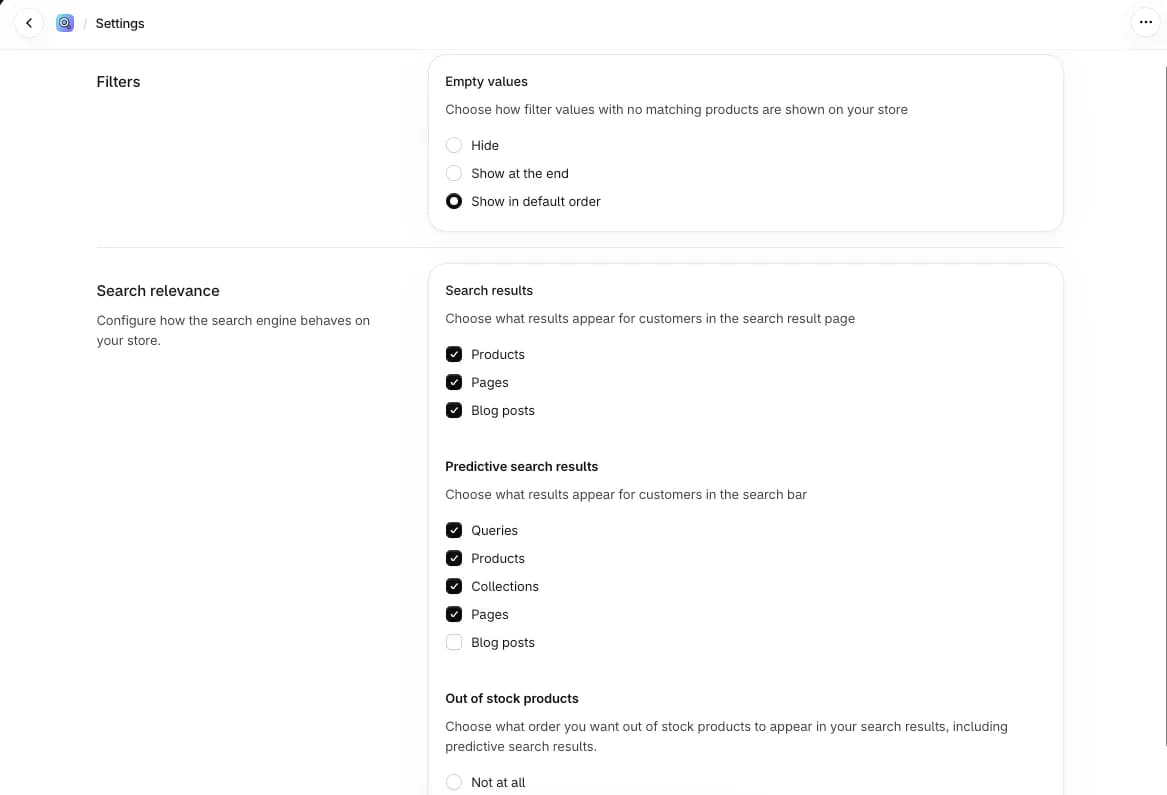 Shopify Search & Discovery Settings page with Empty values options Hide, Show at the end and Show in default order, Search results set to Products, Pages and Blog posts, Predictive search results set to Queries, Products, Collections and Pages with Blog posts unchecked, and the start of the Out of stock products section