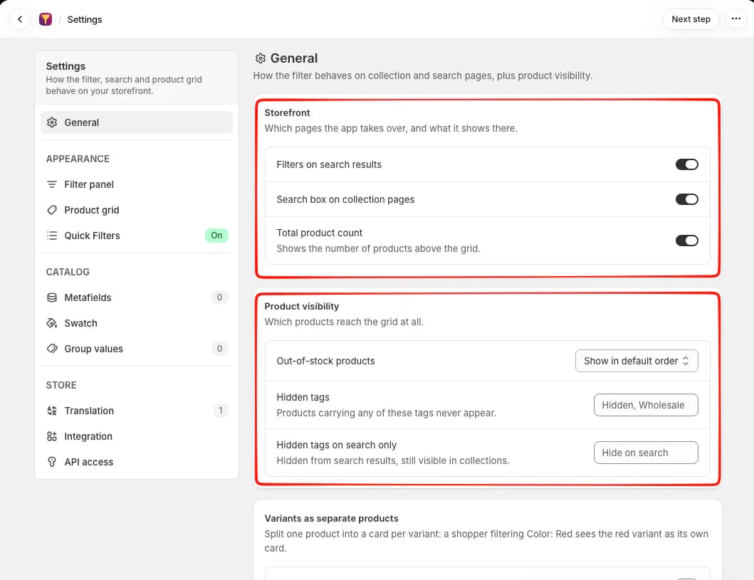 Smart Filter & Search General settings with Storefront toggles for filters on search results, a search box on collection pages and total product count, and Product visibility options for out-of-stock products, hidden tags and hidden tags on search only