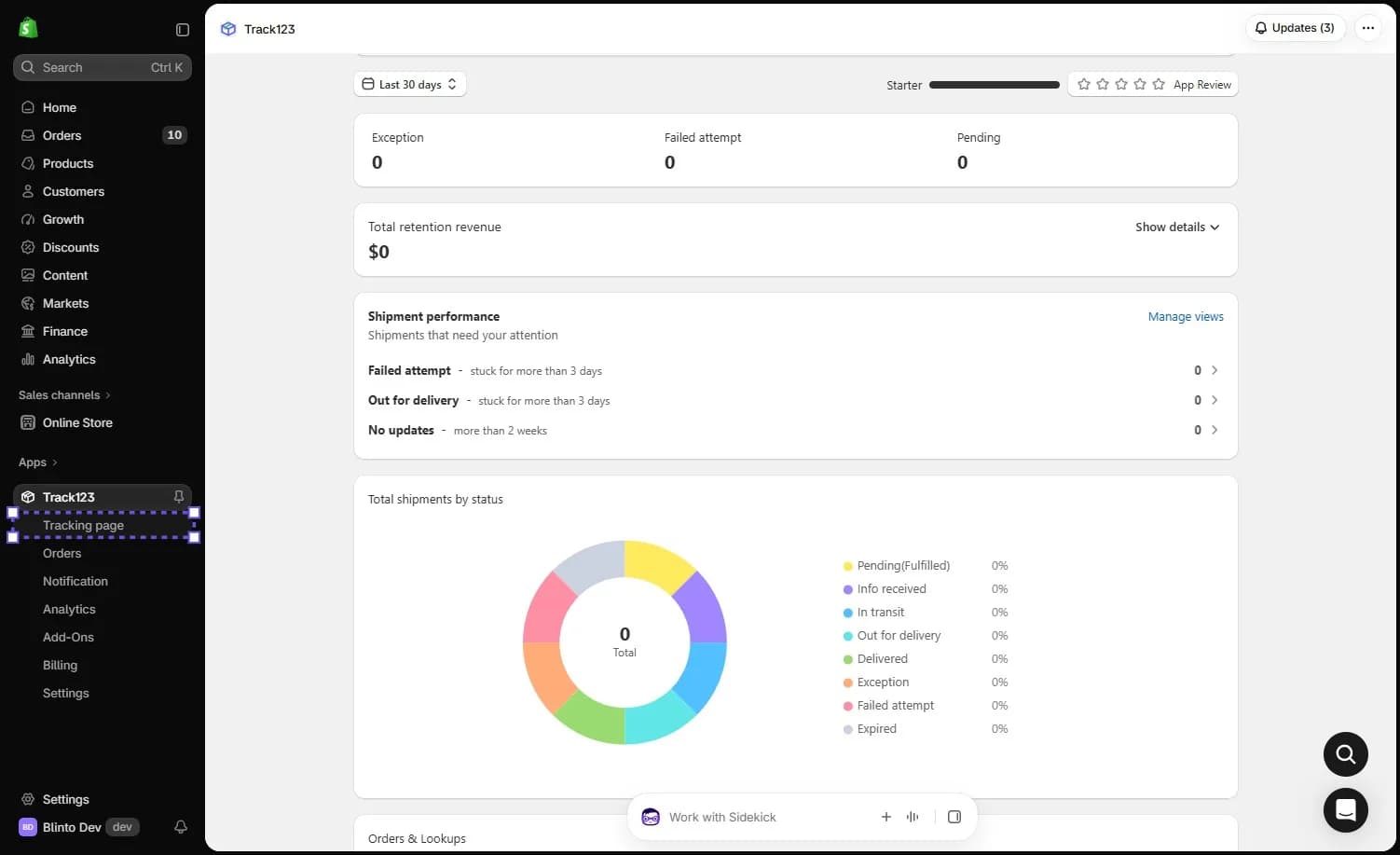 Track123 dashboard on the Starter plan showing exception, failed attempt and pending counts, total retention revenue, a shipment performance panel and shipments by status