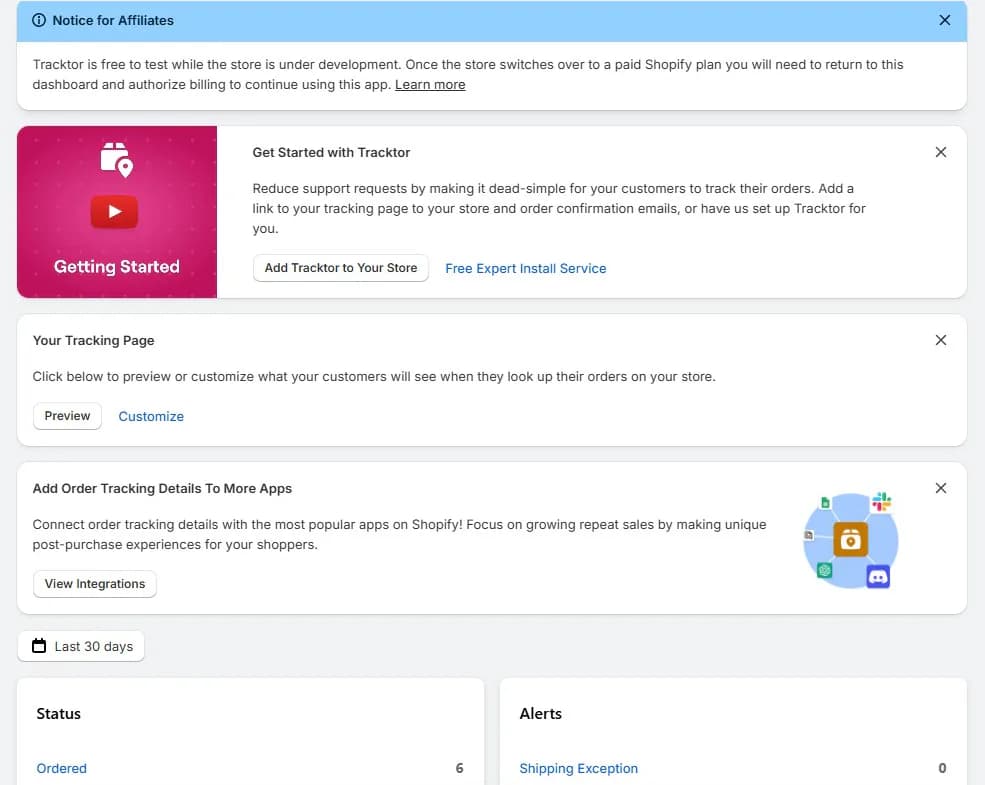 Tracktor home screen with a development store billing notice, a Get Started card with a Free Expert Install Service link, tracking page Preview and Customize buttons, an integrations card, and Status and Alerts panels for the last 30 days