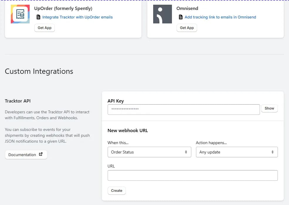 Tracktor Integrations page with UpOrder and Omnisend app cards above a Custom Integrations section showing the Tracktor API key and a New webhook URL form for Order Status updates