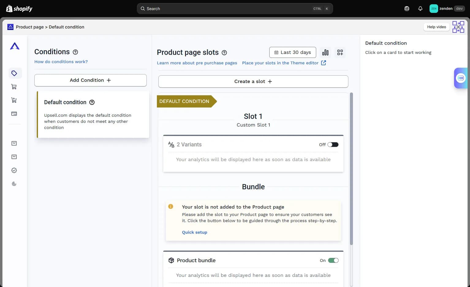Upsell.com product-page conditions and slots showing a default condition, product-page slot, and bundle option