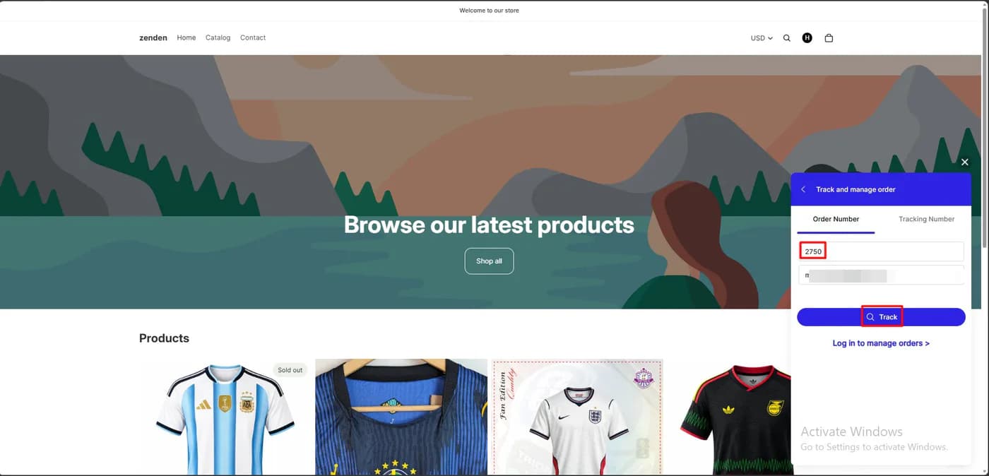 Willdesk storefront widget showing the track and manage order panel with fields for order number and email and a Track button